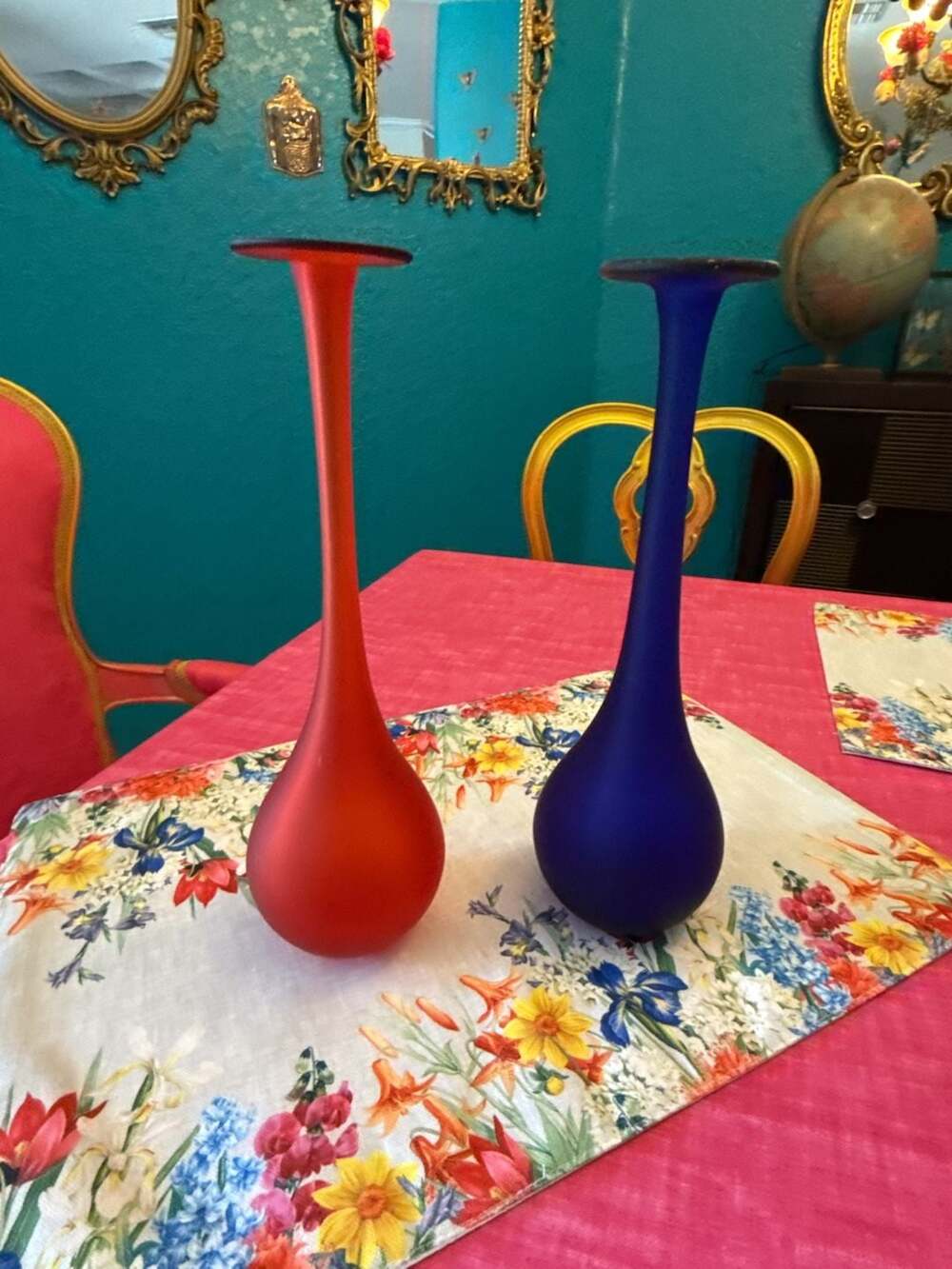 Vintage Carlo Moretti Satinatto Art Glass Bud Vases Red & Blue MCM